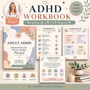 Puede incluir: Un cuaderno de trabajo sobre el TDAH titulado "ADULT ADHD: Navigating Life with a Unique Mindset". La portada presenta el retrato de una mujer y el texto "Made by a Therapist". P&aacute;ginas adicionales detallan barreras, s&iacute;ntomas y comprensi&oacute;n del TDAH. El cuaderno incluye el texto "A WORKBOOK FOR SELF-DISCOVERY, GROWTH & HEALING."