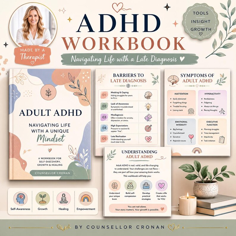 Puede incluir: Un cuaderno de trabajo sobre el TDAH titulado "ADULT ADHD: Navigating Life with a Unique Mindset". La portada presenta el retrato de una mujer y el texto "Made by a Therapist". P&aacute;ginas adicionales detallan barreras, s&iacute;ntomas y comprensi&oacute;n del TDAH. El cuaderno incluye el texto "A WORKBOOK FOR SELF-DISCOVERY, GROWTH & HEALING."