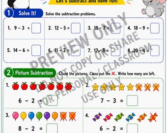 Puede incluir: Una hoja de trabajo educativa colorida titulada Subtraction Fun con un panda, un elefante, un oso y un conejo. Incluye problemas de resta numéricos, restas con imágenes de manzanas, estrellas, globos y dulces, y una sección de desafío.