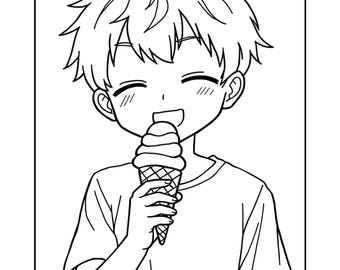 Puede incluir: Ilustración en blanco y negro de una persona sonriente comiendo un helado. La persona lleva una camiseta y tiene el pelo puntiagudo. El cono de helado tiene un cono de gofre y un remolino de helado.