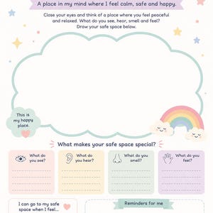 Puede incluir: Una colorida hoja de trabajo "My Safe Space" con texto e ilustraciones. El dise&ntilde;o incluye una forma de nube para dibujar, indicaciones para detalles sensoriales y recordatorios para el autocuidado. Colores pastel y estrellas decoran la p&aacute;gina.