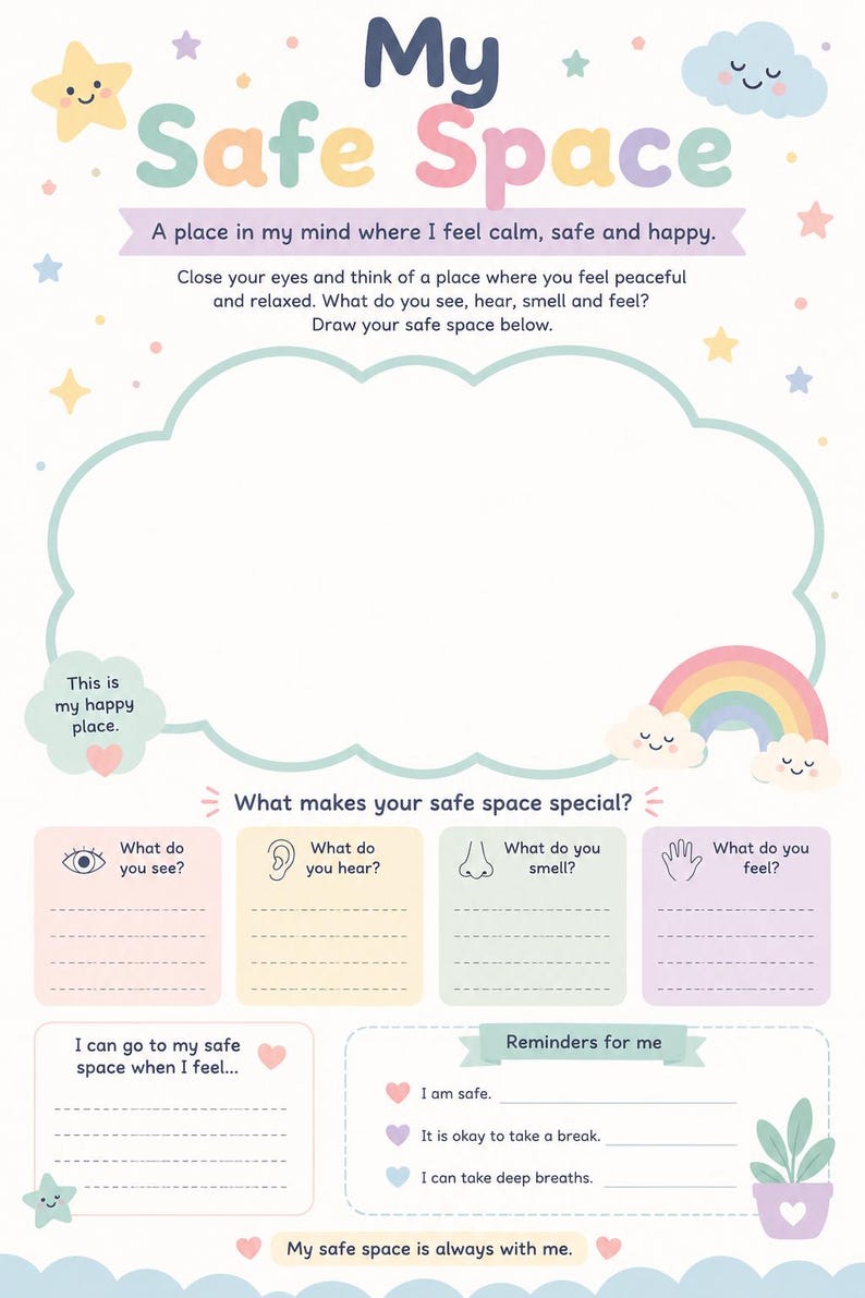 Puede incluir: Una colorida hoja de trabajo "My Safe Space" con texto e ilustraciones. El dise&ntilde;o incluye una forma de nube para dibujar, indicaciones para detalles sensoriales y recordatorios para el autocuidado. Colores pastel y estrellas decoran la p&aacute;gina.