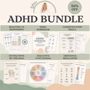 May include: An ADHD bundle of printable worksheets and workbooks featuring titles like ADHD Workbook for Kids, Executive Functioning Wheel, and My Calm Down Toolbox. The pages include charts, trackers, and exercises for emotional regulation and skills.
