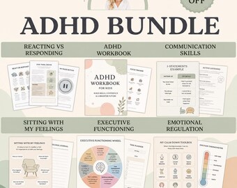 Puede incluir: Un paquete de TDAH con hojas de trabajo y cuadernos imprimibles que incluyen títulos como ADHD Workbook for Kids, Executive Functioning Wheel y My Calm Down Toolbox. Las páginas contienen gráficos, rastreadores y ejercicios de regulación.