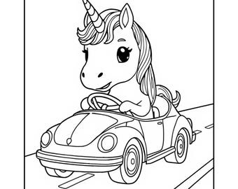Puede incluir: Ilustración en blanco y negro de un unicornio conduciendo un coche. El unicornio tiene un cuerno, una melena fluida y está sentado detrás del volante de un coche clásico. El coche está en una carretera con marcas viales.