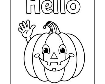 Puede incluir: Dibujo lineal en blanco y negro de una calabaza sonriente con una mano que saluda. La palabra "Hello" está escrita encima de la calabaza en letras grandes y en negrita. La calabaza tiene una cara tallada y un tallo rizado.