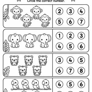 May include: Black and white worksheet titled "COUNT THE ANIMALS!" featuring illustrations of monkeys, elephants, tigers, and parrots. Children are prompted to count the animals in each box and circle the correct number from the options provided.