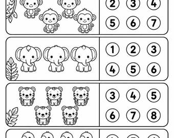 Puede incluir: Hoja de trabajo en blanco y negro titulada "COUNT THE ANIMALS!" con ilustraciones de monos, elefantes, tigres y loros. Se pide a los niños que cuenten los animales en cada casilla y encierren en un círculo el número correcto.