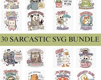 Paquete de archivos SVG sarcásticos sobre salud mental. Archivos digitales divertidos e imágenes prediseñadas para diseños, sublimación y citas.