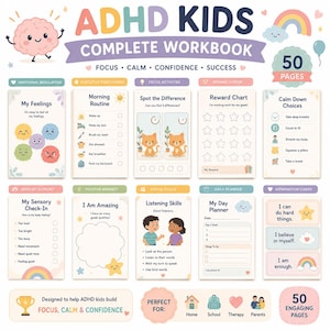Puede incluir: Cuaderno de trabajo completo para ni&ntilde;os con TDAH con 50 p&aacute;ginas atractivas. Incluye regulaci&oacute;n emocional, actividades de enfoque y tarjetas de afirmaci&oacute;n. Dise&ntilde;ado para ayudar a los ni&ntilde;os a desarrollar el enfoque, la calma y la confianza.