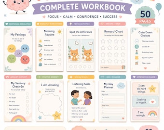 Puede incluir: Cuaderno de trabajo completo para niños con TDAH con 50 páginas atractivas. Incluye regulación emocional, actividades de enfoque y tarjetas de afirmación. Diseñado para ayudar a los niños a desarrollar el enfoque, la calma y la confianza.