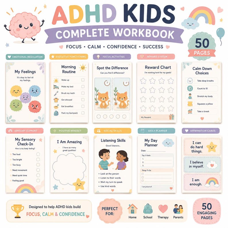 Puede incluir: Cuaderno de trabajo completo para ni&ntilde;os con TDAH con 50 p&aacute;ginas atractivas. Incluye regulaci&oacute;n emocional, actividades de enfoque y tarjetas de afirmaci&oacute;n. Dise&ntilde;ado para ayudar a los ni&ntilde;os a desarrollar el enfoque, la calma y la confianza.