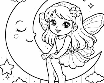 Puede incluir: Ilustración en blanco y negro de un hada sentada en una luna creciente. El hada tiene pelo largo, una flor y alas. Estrellas y nubes cuelgan de la luna.