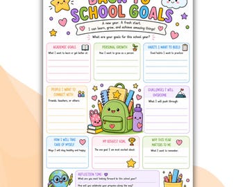Puede incluir: Una hoja de trabajo colorida de metas de regreso a clases con una ilustración central de una mochila verde, rodeada de secciones para metas académicas, crecimiento personal, hábitos, conexiones, desafíos y reflexiones con iconos de estrellas.