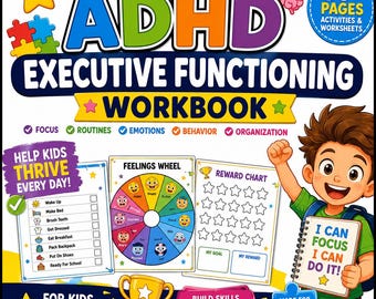 Puede incluir: Un libro de ejercicios colorido titulado Kids ADHD Executive Functioning Workbook con más de 80 páginas de actividades. La portada muestra a un niño de dibujos animados sosteniendo un cuaderno con el texto I CAN FOCUS I CAN DO IT, una rueda.