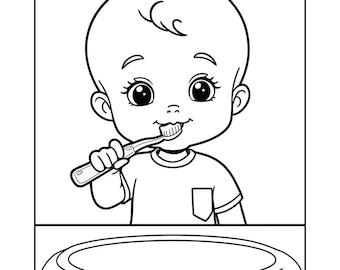 Puede incluir: Ilustración en blanco y negro de un bebé cepillándose los dientes con un cepillo de dientes. El bebé lleva una camiseta con un bolsillo. Un lavabo está en primer plano.
