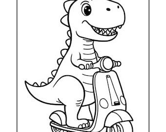 Puede incluir: Ilustración en blanco y negro de un dinosaurio de dibujos animados montado en un scooter. El dinosaurio sonríe y sujeta el manillar. El scooter tiene un frontal redondeado y un faro.