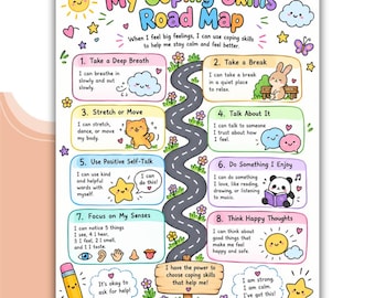 Puede incluir: Un póster educativo colorido titulado My Coping Skills Road Map que presenta un camino sinuoso y ocho cuadros numerados con ilustraciones de un sol, nube, conejo, panda y estrellas. El texto ofrece estrategias para gestionar las emociones.