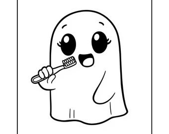 Puede incluir: Ilustración de dibujos animados en blanco y negro de un fantasma amigable sosteniendo un cepillo de dientes. El fantasma tiene ojos grandes, pestañas y la boca abierta. El cepillo de dientes está en la mano del fantasma.