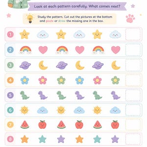 Puede incluir: Una hoja de actividades para ni&ntilde;os titulada "Pattern Detective". La hoja presenta patrones de estrellas, nubes, arco&iacute;ris, corazones, planetas, lunas, flores, dinosaurios, soles, sand&iacute;as y manzanas. El texto anima a los ni&ntilde;os a estudiar los patrones y completarlos.
