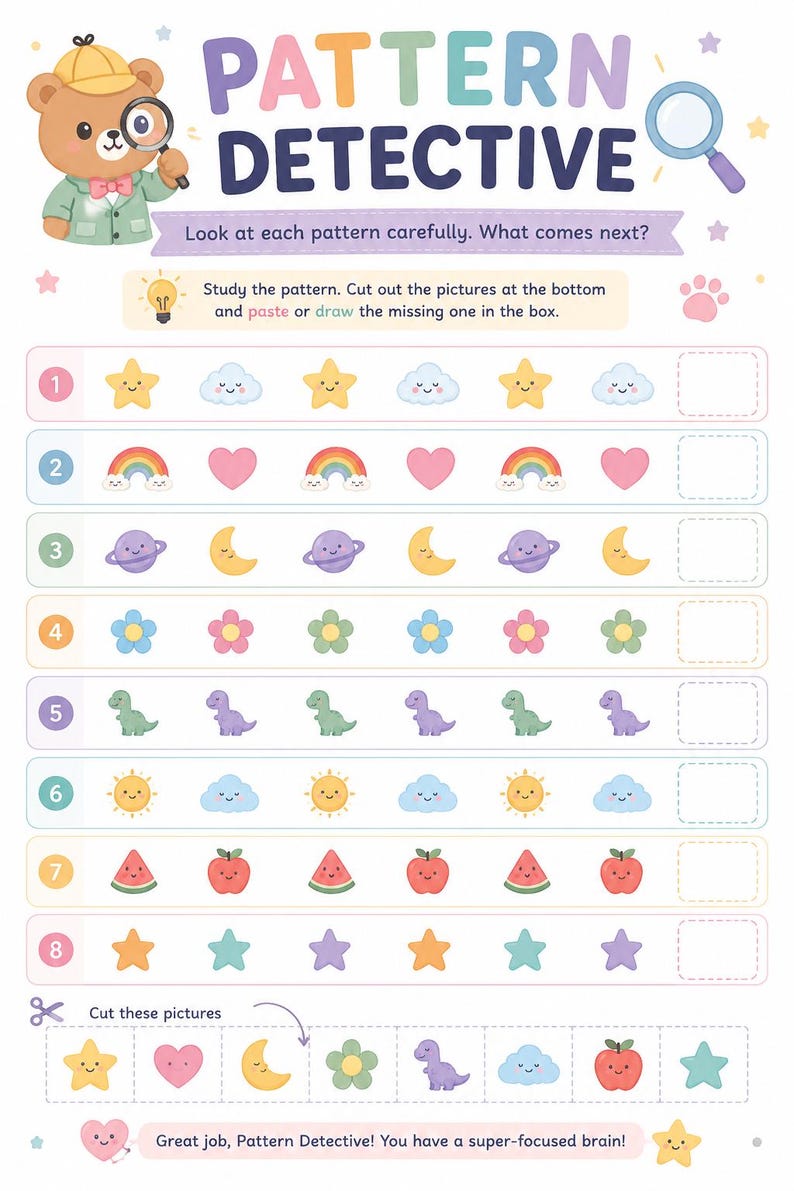 Puede incluir: Una hoja de actividades para ni&ntilde;os titulada "Pattern Detective". La hoja presenta patrones de estrellas, nubes, arco&iacute;ris, corazones, planetas, lunas, flores, dinosaurios, soles, sand&iacute;as y manzanas. El texto anima a los ni&ntilde;os a estudiar los patrones y completarlos.
