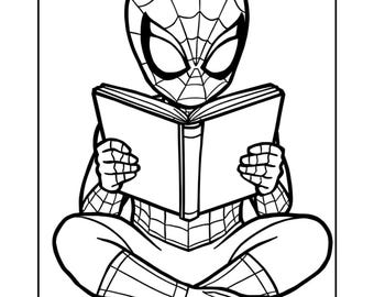 Puede incluir: Ilustración en blanco y negro de Spider-Man leyendo un libro. El personaje está sentado con las piernas cruzadas, usando su máscara y traje característicos. El libro está abierto y el personaje lo sostiene con ambas manos.