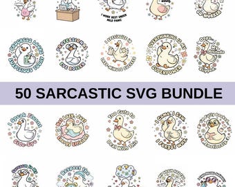 Puede incluir: Una colección de 50 diseños gráficos digitales con patos de dibujos animados y textos humorísticos. Cada ilustración circular muestra un pato blanco en varias poses y atuendos, acompañado de frases ingeniosas como Calm Is Not On Today's Menu.