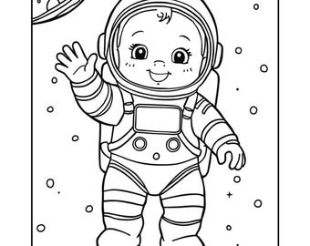 Puede incluir: Ilustración en blanco y negro de un bebé astronauta saludando. El bebé lleva un traje espacial con casco y mochila. El fondo presenta planetas y estrellas, creando un tema espacial.
