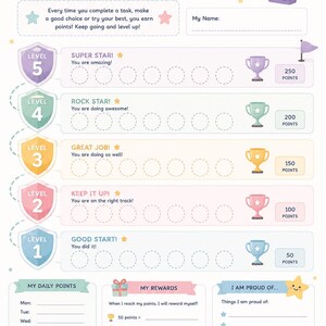Puede incluir: Un gr&aacute;fico colorido de 'Level Up' con el texto 'LEVEL UP!' y '&iexcl;Estoy creciendo, aprendiendo y logrando cada d&iacute;a!'. Incluye secciones para puntos, recompensas y seguimiento diario. Presenta un personaje de cerebro y un trofeo.
