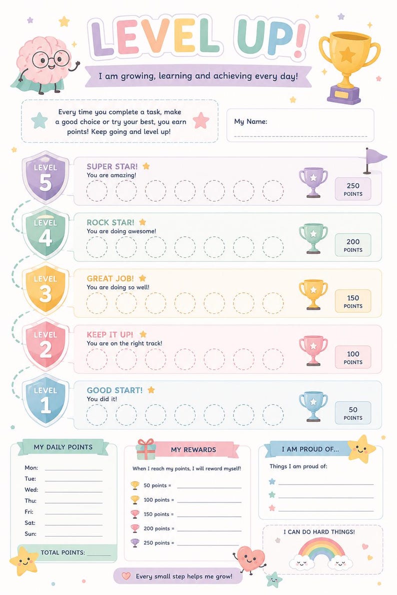 Puede incluir: Un gr&aacute;fico colorido de 'Level Up' con el texto 'LEVEL UP!' y '&iexcl;Estoy creciendo, aprendiendo y logrando cada d&iacute;a!'. Incluye secciones para puntos, recompensas y seguimiento diario. Presenta un personaje de cerebro y un trofeo.