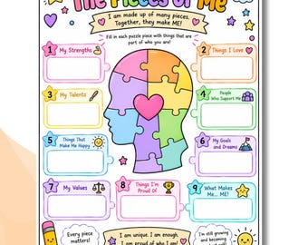 Puede incluir: Una hoja de trabajo educativa colorida titulada The Pieces of Me que presenta una silueta de cabeza humana hecha de piezas de rompecabezas con un corazón rosa. Incluye nueve secciones numeradas para escribir rasgos, metas y valores personales.