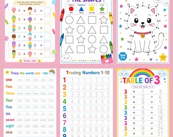 Puede incluir: Un conjunto de seis hojas de trabajo educativas para niños. Las hojas de trabajo incluyen práctica de suma de helados, combinación de formas y colores, un gato de punto a punto, rastreo de palabras, rastreo de números y una tabla de multiplicar.