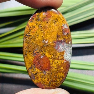 May include: An oval-shaped gemstone with a mix of colors. The stone features a base of yellow and brown hues, with patches of red and white. The gemstone is polished and smooth, with a natural, organic appearance.
