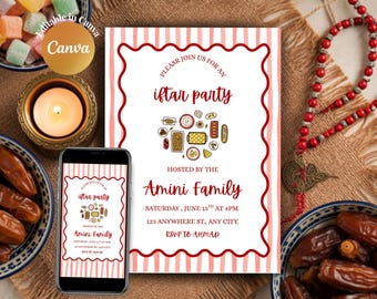 Op de afbeelding: Een uitnodiging voor een Iftar-feest, met een rood-wit gestreept ontwerp met de tekst "Iftar Party" en details voor het evenement georganiseerd door de Amini Family. Een smartphone toont dezelfde uitnodiging. De afbeelding bevat dadels, snoep en een brandende kaars.