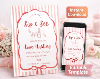Pink Sip and See Einladungsvorlage | Bearbeitbar Sip & See Invite | Baby Mädchen Schluck | Canva Digitaler Download-001