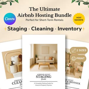以下が含まれることがあります： 「The Ultimate Airbnb Hosting Bundle」と「Staging, Cleaning, Inventory」のテキストが入ったAirbnbホスティングバンドル。清掃、ステージング、在庫補充のガイドが含まれており、「Host Favorite」バッジが付いています。