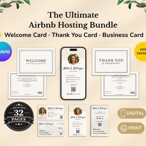 Pack Cartes Airbnb Accueil Remerciement Carte de Visite | Hôtes Locations Saisonnières | Template Canva Modifiable QR Code