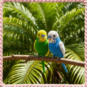 May include: Two handmade crochet parakeets, one green and yellow, the other blue and white, perched on a brown branch. The birds are set against a backdrop of lush green foliage, creating a vibrant and natural scene.