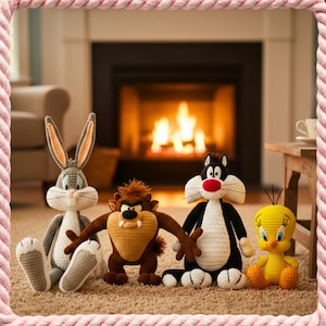 以下が含まれることがあります： バックスバニー、タズ、シルベスター、トゥイーティーバードなど、かぎ針編みで作られた漫画のキャラクターのぬいぐるみがおしゃれなカーペットの上に並んでいます。おもちゃは様々な色で、暖炉の前に配置されています。