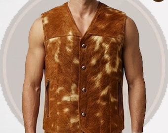 Handmade Hair-On Cowhide Leather Vest, Western Cowboy Biker Waistcoat