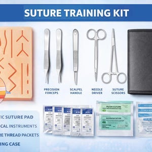 May include: A suture training kit featuring a realistic suture pad, surgical instruments, suture thread packets, and a carrying case. The kit includes precision forceps, a scalpel handle, a needle driver, and suture scissors. The text "SUTURE TRAINING KIT" is displayed at the top.