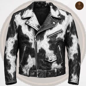 May include: A black and white cowhide leather biker jacket with a notched collar, an asymmetrical zip, and a belted waist. The jacket has multiple zipped pockets and a small flap pocket. The Oak Leather logo is in the upper right corner.