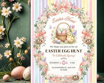 Easter Egg Hunt and Brunch Invitation, Easter Brunch Party Invitation, Floral Spring, Religious Easter Invite Bunny & Cross, Editable Canva