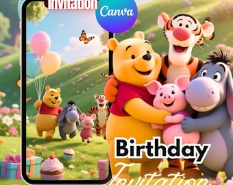 Winnie the Pooh Birthday Video Invitation Template, Classic Pooh 1st Birthday, Baby Shower Invite, Nursery Theme Digital Download, CANVA