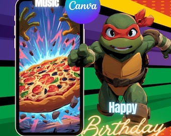 Ninja Turtle Birthday Invitation Video Heroes Party Digital Editable Canva Template Instant Download NINJA TURTLES Birthday Video Invitation