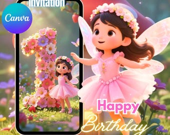 Baby First Fairy Birthday Fairy First Birthday Invite Video Invitation Magical Party Digital Canva Template, Instant Download