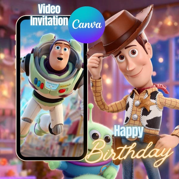 Animerad Toy Story-födelsedagsinbjudningsmall Toy Story-inbjudan Toy Story-födelsedagsinbjudan digitalt redigerbar Buzz Lightyear Woody