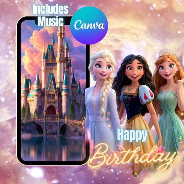 Inbjudan till prinsessfestfotovideo: Animerad kunglig magisk fest, födelsedagsfest, MP4-inbjudan till prinsessfest