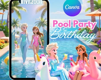 Frozen Pool Party Birthday Video Invitation, Frozen Fun Summer Party Birthday invitation, Elsa Pool Party Animated Digital Editable Template