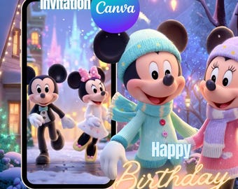 Editable Mickey Minnie Birthday Invitation Mickey & Minnie Mouse Christmas Party Video Invitation Pink Girl Birthday Video Invitation